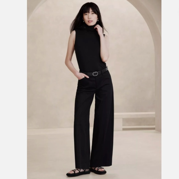 Banana Republic Stretch-Cotton Icon Trouser Wide Leg Cotton Black Pants Size 6P - Picture 1 of 11